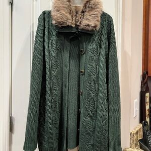 Maurices Green Cable Knit Cardigan Sweater with Removable Faux Fur Collar Sz XL